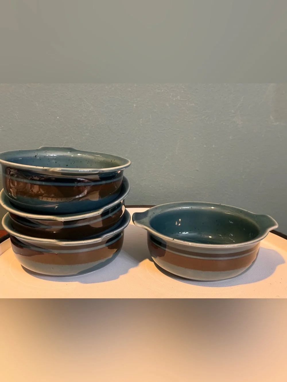 Set Of 4 ARABIA FINLAND MERI lugged Cereal bowls Sea Blue And Brown